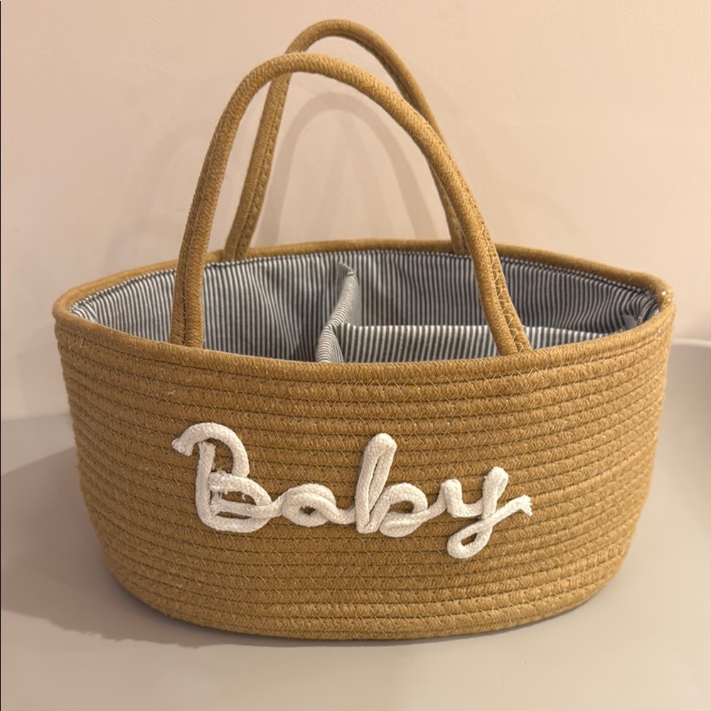 Tan Baby Basket with White Embroidery